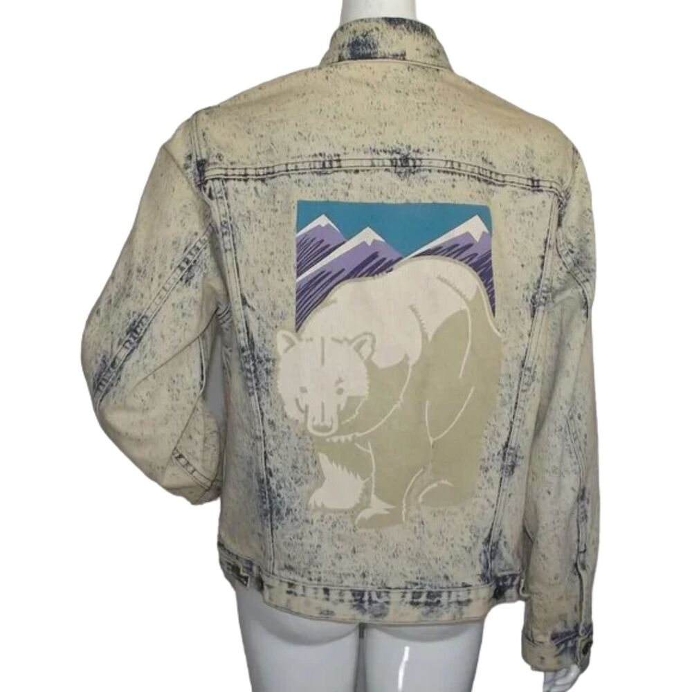 VINTAGE Acid Wash Denim Jacket, L, Polar Club/Bear, Blue, Buttons, Cotton Jean